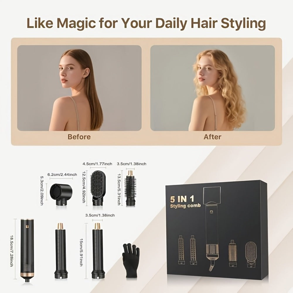 5-in-1 Hot Air Brush Hair Styling Tool with Three Temperature Settings and Five Attachments