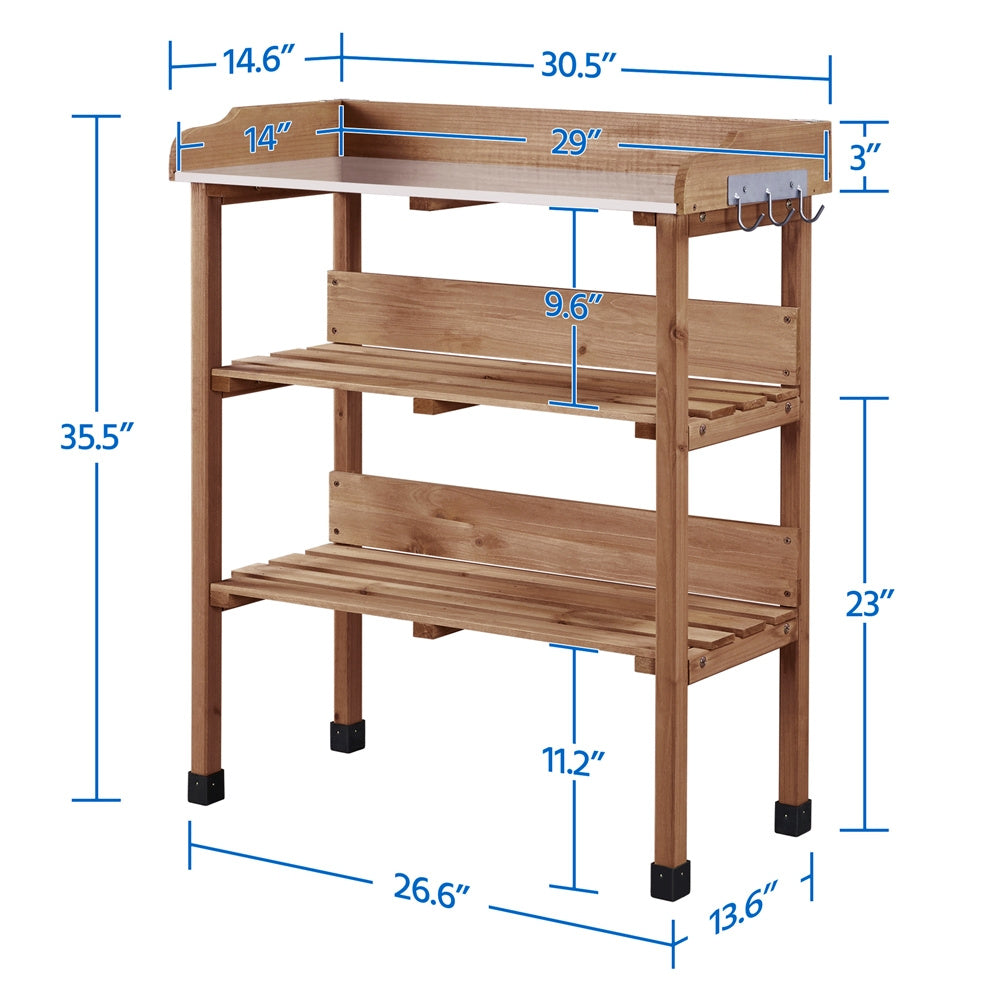 Rolling Potting Bench 3-Tier Wooden Garden Workstation Waist-High Galvanized Metal Top Lockable Casters Side Hooks Shelves for Outdoor Patio Gardening Storage