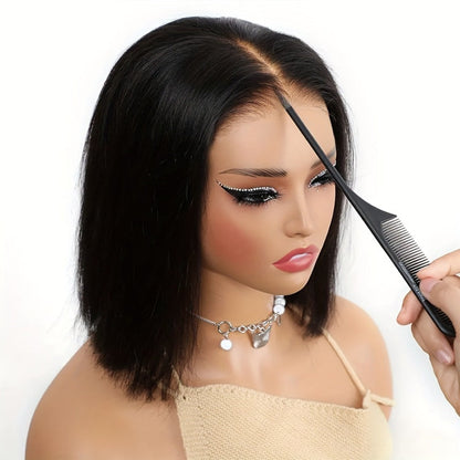 Straight Bob Human-Hair 4x4 Lace Closure Wig in Black with 8, 12, 14 or 16-Inch Length Options