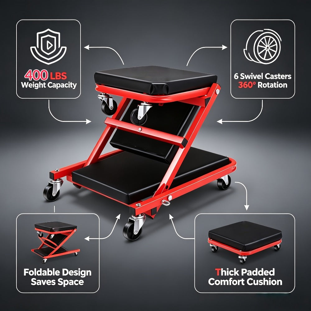 Mechanic Creeper Crawler Seat 36" Z-Type Folding with 6 Swivel Wheels & Adjustable Load Plate - Garage Repair Crawling Board