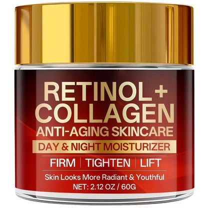 Two-Jar Day and Night Face Moisturizer Set with Retinol + Collagen Package Label and 60 g Jars