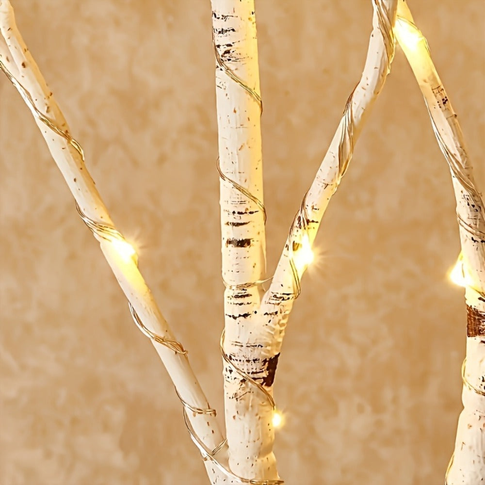 Birch Branch Lights Set of 2, Artificial Luminous Birch Tree Branches with Green Leaves & LED Fairy Lights — Battery Powered Indoor Decor for Christmas, New Year, Home & Reading Nook