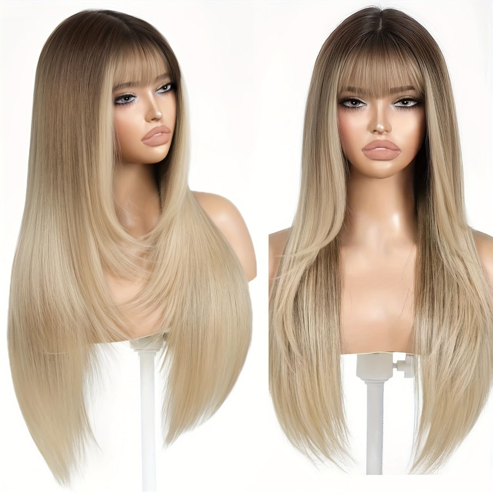 Long Straight Synthetic Lace-Front Wig with Curtain Bangs and Five 26-Inch Solid or Gradient Color Options