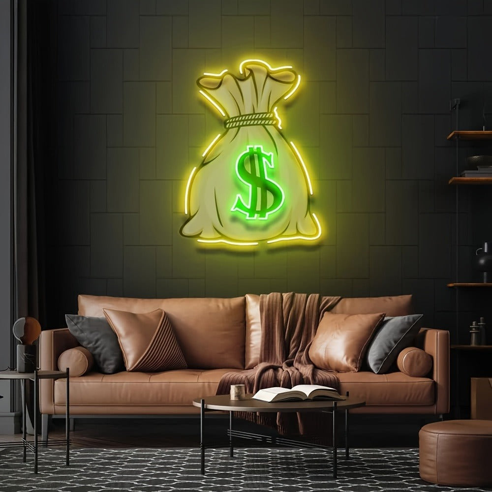 Money Bag LED Neon Sign with 40 x 30 cm Panel, USB Power and Yellow, Green and White Outline