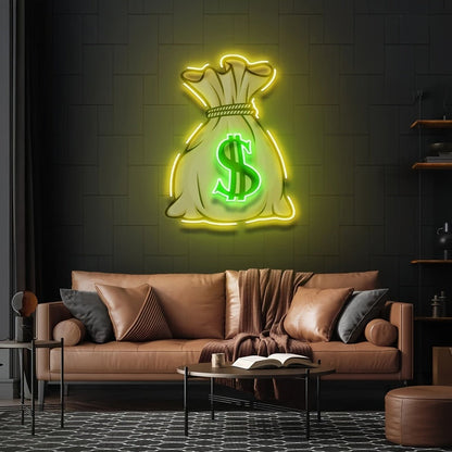 Money Bag LED Neon Sign with 40 x 30 cm Panel, USB Power and Yellow, Green and White Outline