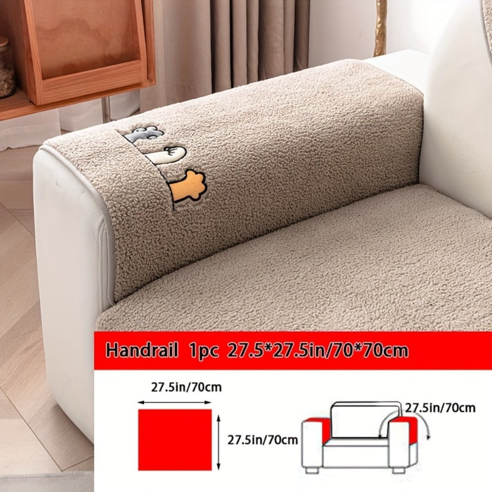 Sofa Cover Thick Plush Shearling Panels with Animal and Bone Embroidery and Non-Slip Feature for 2 to 4 Seats