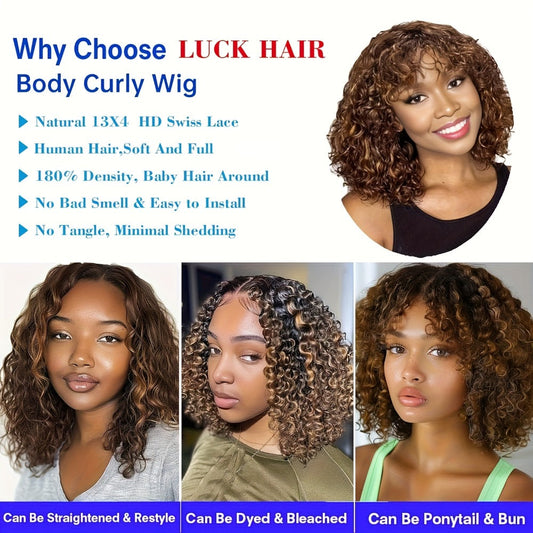 Water Wave Lace Front Wig Human Hair 13x4 4/27 Highlight Ombre Blonde 10 Inch | Brazilian Curly Short Bob Full Lace Frontal Natural Hairline Women