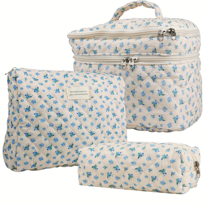 Makeup Bag – Set 3 PCS Quilted Cotton Dual Layer Large Capacity Floral Coquette Aesthetic Travel Cosmetic Bag Women Toiletry Organizer…