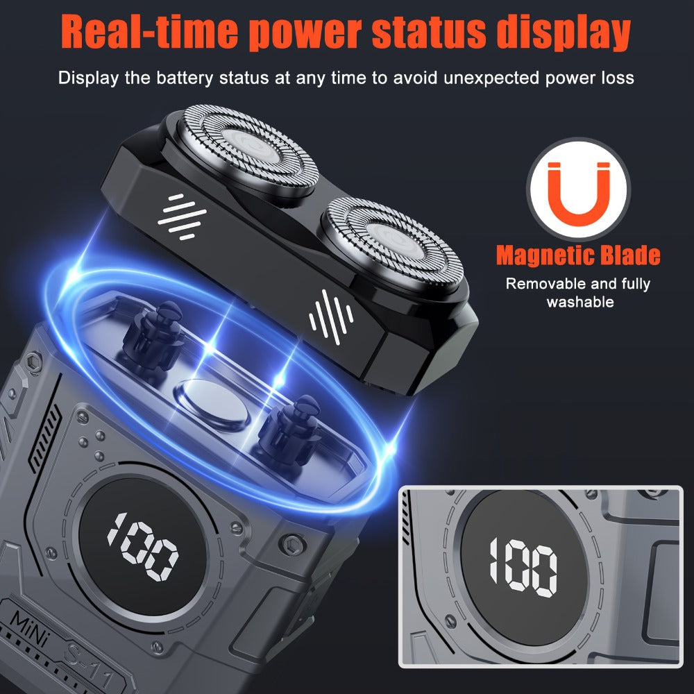 Compact Mecha-Green Dual-Rotary Electric Shaver with Front Battery Display and USB Cable Pictured