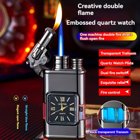 Double Flame Retro Metal Lighter Windproof Refillable Butane Outdoor Portable Quartz Ignition Dragon Eagle Gun Type Ice Golden Bronze Mahogany Creative Men Gift Box Packaging