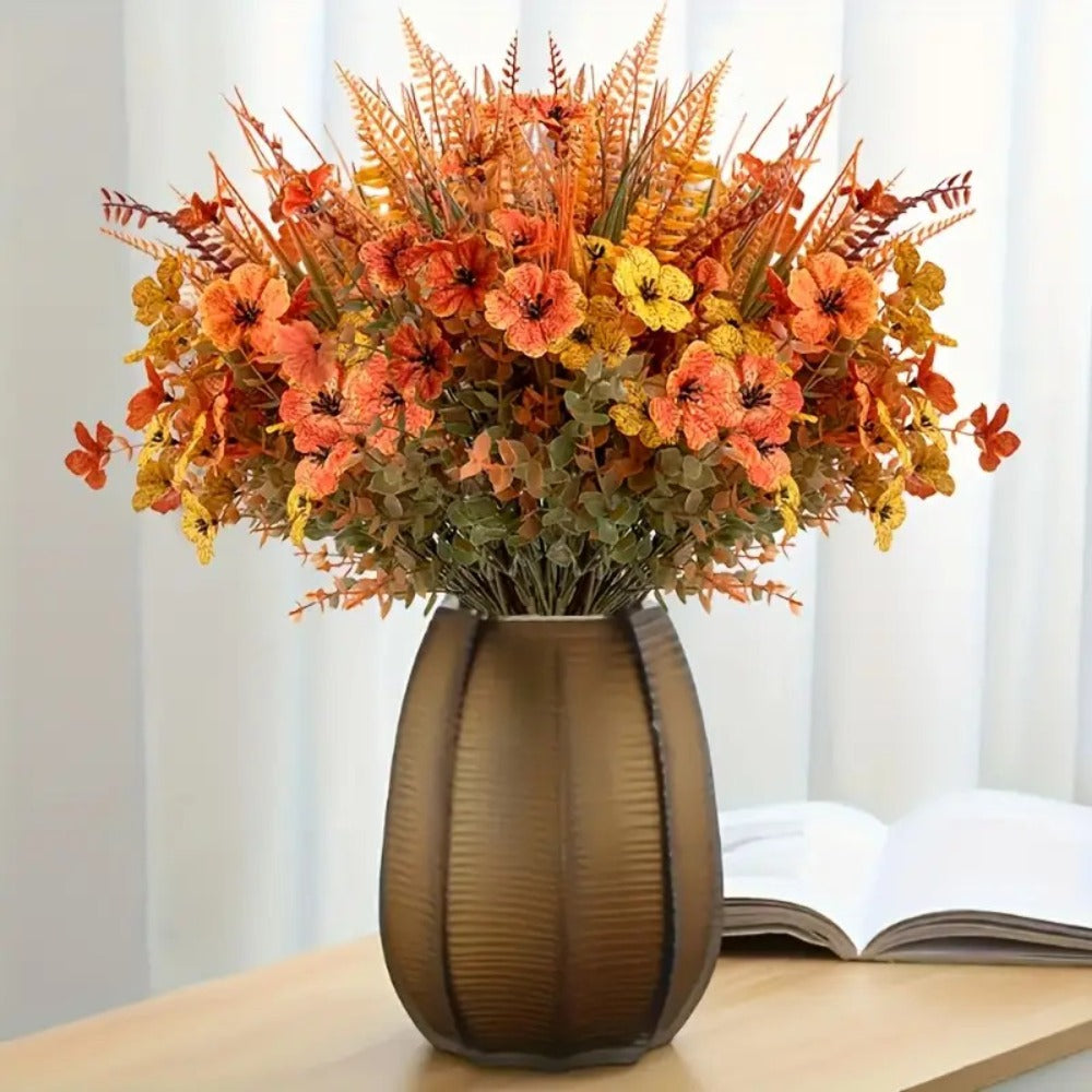 Artificial Autumn Flower Stems, Eight-Piece Set with Four Floral and Foliage Designs in Mixed Colors