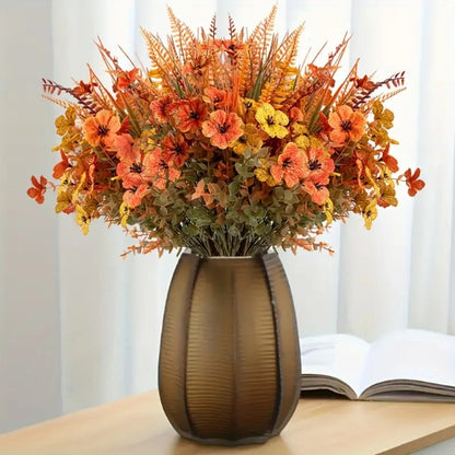 Artificial Autumn Flower Stems, Eight-Piece Set with Four Floral and Foliage Designs in Mixed Colors