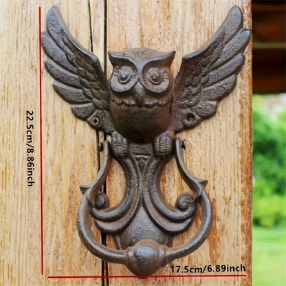 Winged Owl Door Knocker with Pictured 8.86-Inch Height, Ring Handle and Rustic Dark Finish