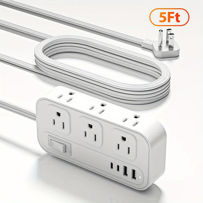 Power Strip Flat Plug with 6 AC Outlets, 2 USB-A, 2 USB-C and 3-Inch, 5-Foot or 10-Foot Cord Options