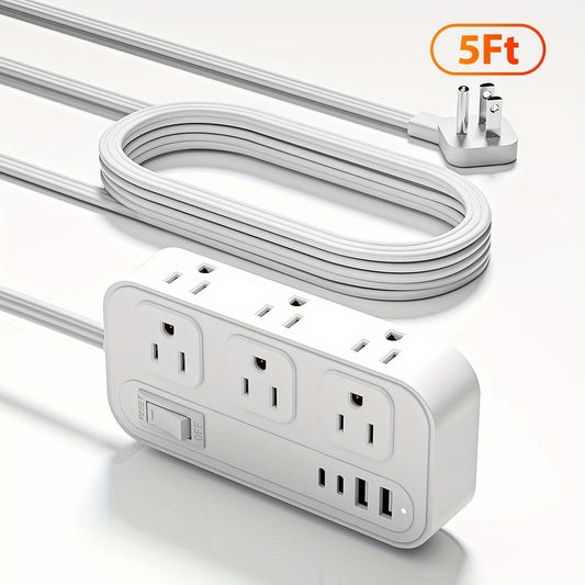 Power Strip Flat Plug with 6 AC Outlets, 2 USB-A, 2 USB-C and 3-Inch, 5-Foot or 10-Foot Cord Options