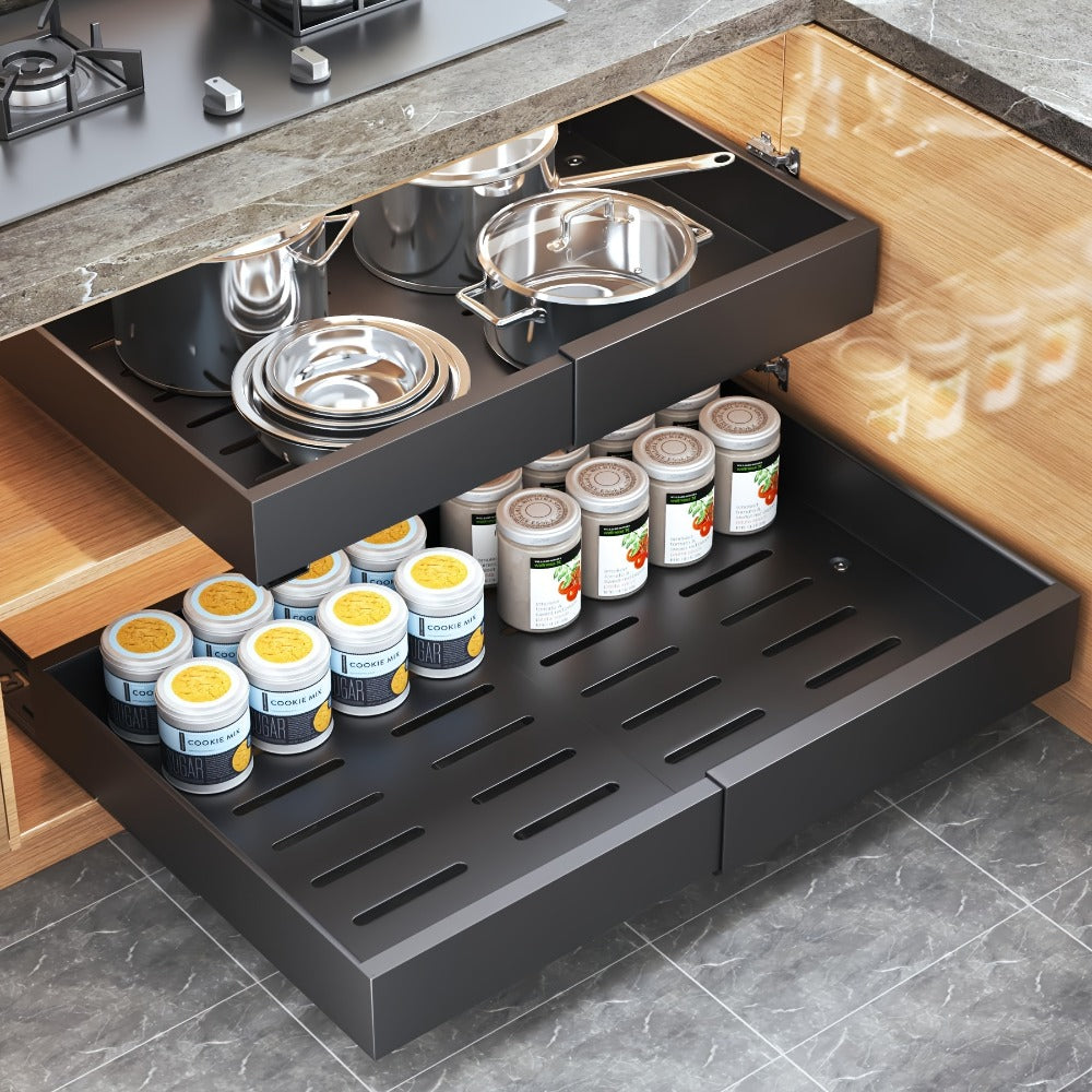 Pull Out Cabinet Organizer Expandable Slide-Out Drawer Shelf Heavy Duty Carbon Steel Silent Sliding Rust-Resistant Storage Rack for Kitchen Bathroom Pantry 12.6"-20.5" Wide