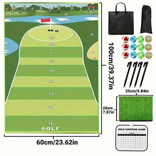 Golf Chipping Game Mat Set for Adults - Indoor Outdoor Golf Game Equipment with 12 Sticky Balls, 4 Ground Stakes, Score Card & 2 Storage Bags, Fun Golf Game for Home Backyard Office