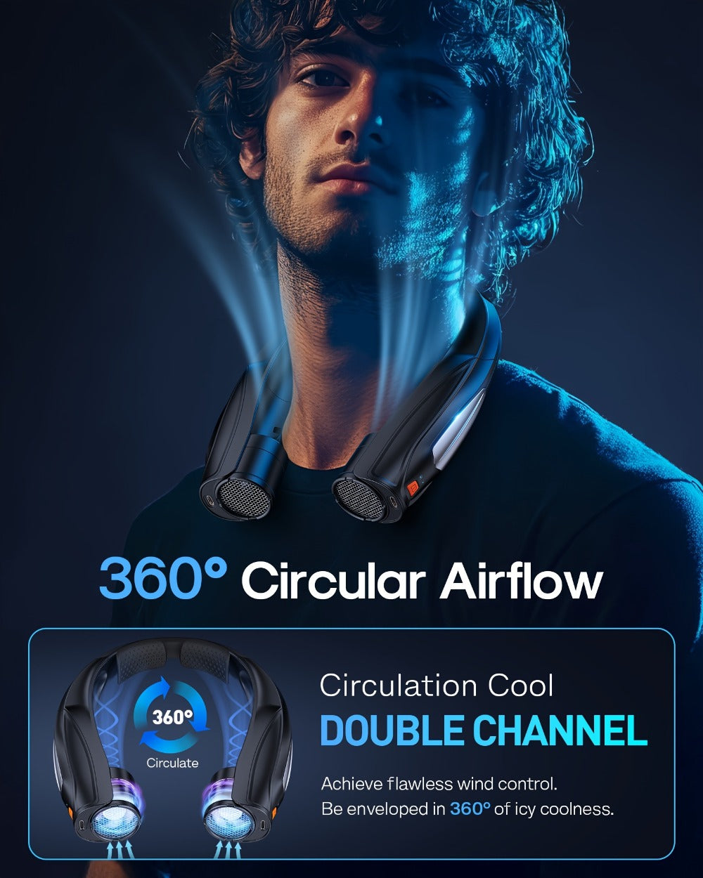 Wearable Neck Fan with Dual 3000mAh Battery Labels, Six Settings, USB-C Charging and Three Colors