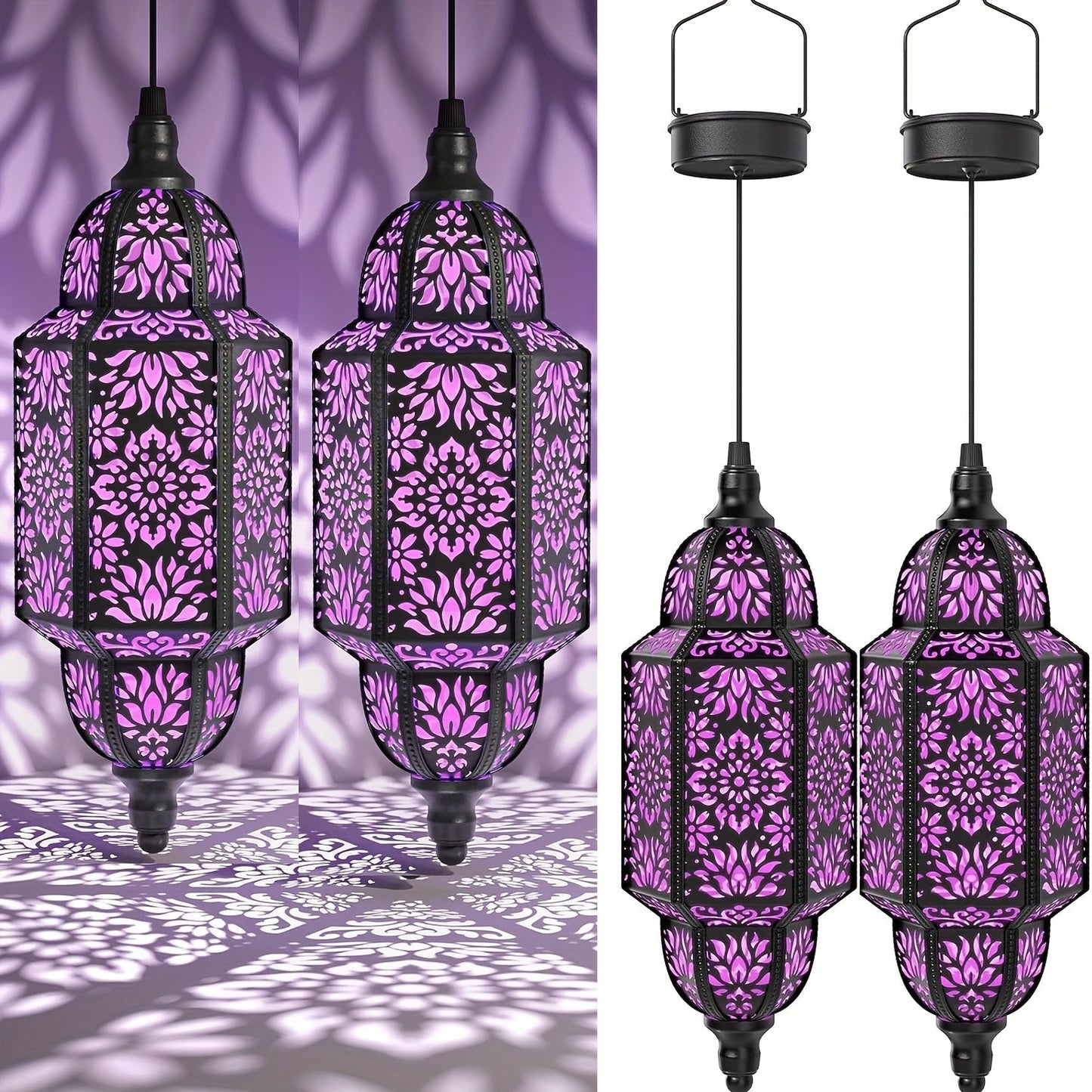 Solar Lanterns Outdoor 2 Pack Moroccan Cut-Out Design IP54 Waterproof Auto Dusk-to-Dawn Garden Pathway Patio Lantern Lights Gold Purple White Copper