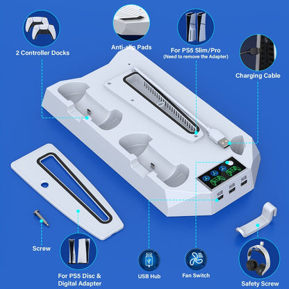 Five-in-One Console Stand Compatible with PS5 Models, Dual Controller Dock, Fan, USB Hub and Headset Holder