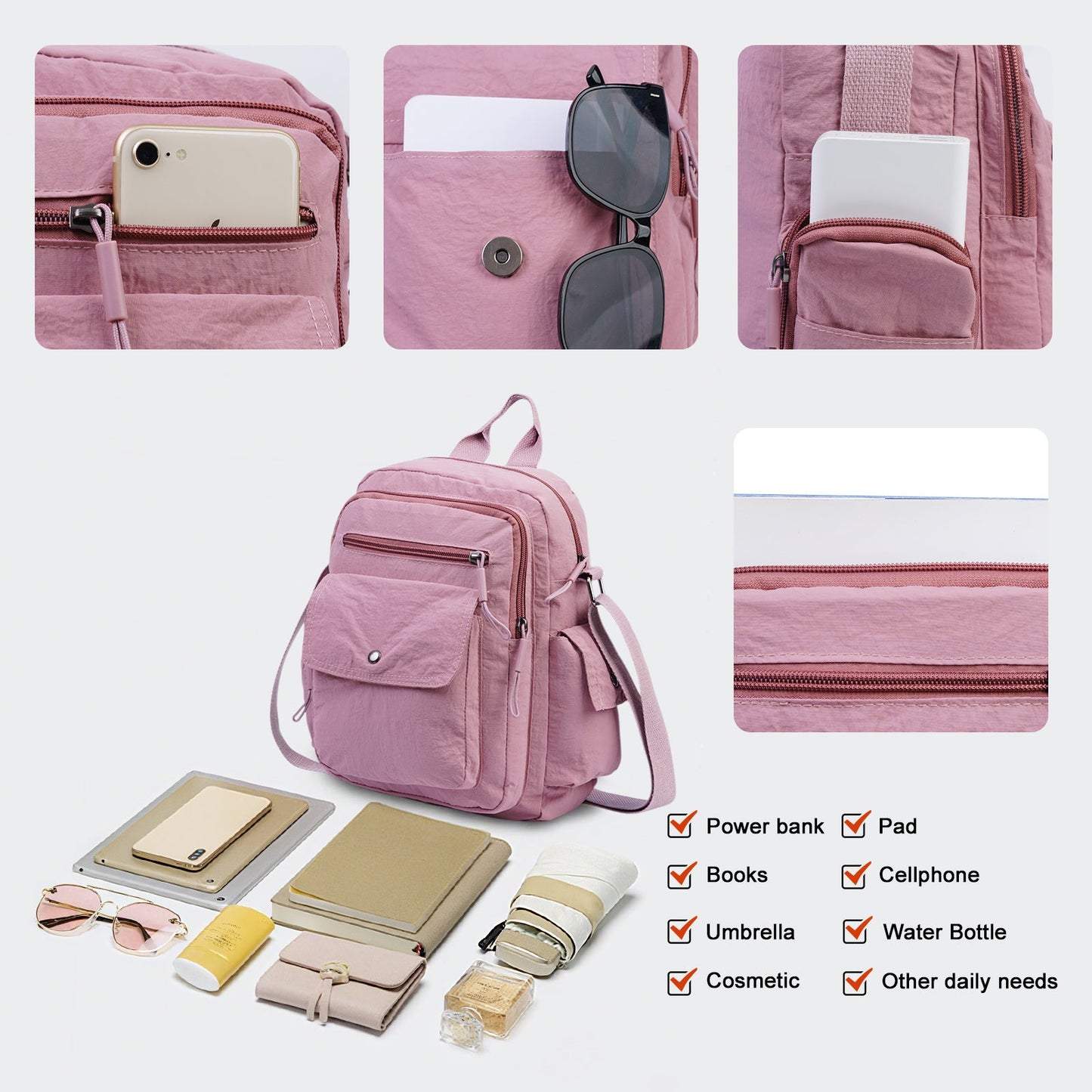 Backpack for Women – 2 Piece, Nylon, Quilted, Lightweight – detail view 13