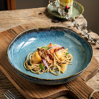 Irregular Deep Dish Ceramic Plate | Artisan Handcrafted Salad Soup Bowl Dish | Unique Edge Design | Dishwasher Safe Tableware for Family Dining