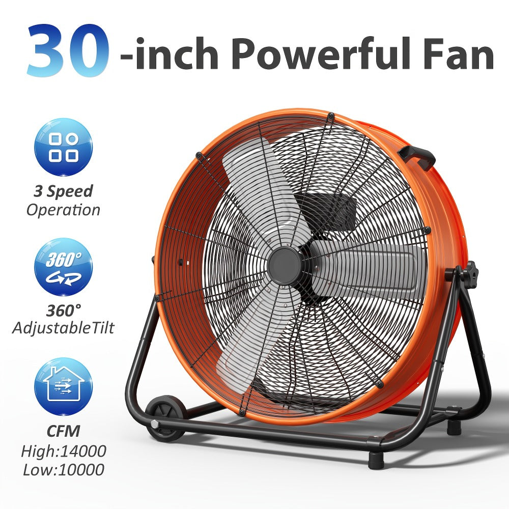 Industrial Drum Floor Fan with Three Speeds, Tilt Frame and 24- or 30-Inch Black, Orange, Green or Yellow Options