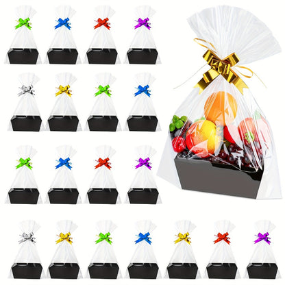 Seventy-Four-Piece Gift Basket Kit with 20 Folding Paper Baskets, 30 Clear Bags and 24 Multicolor Bows