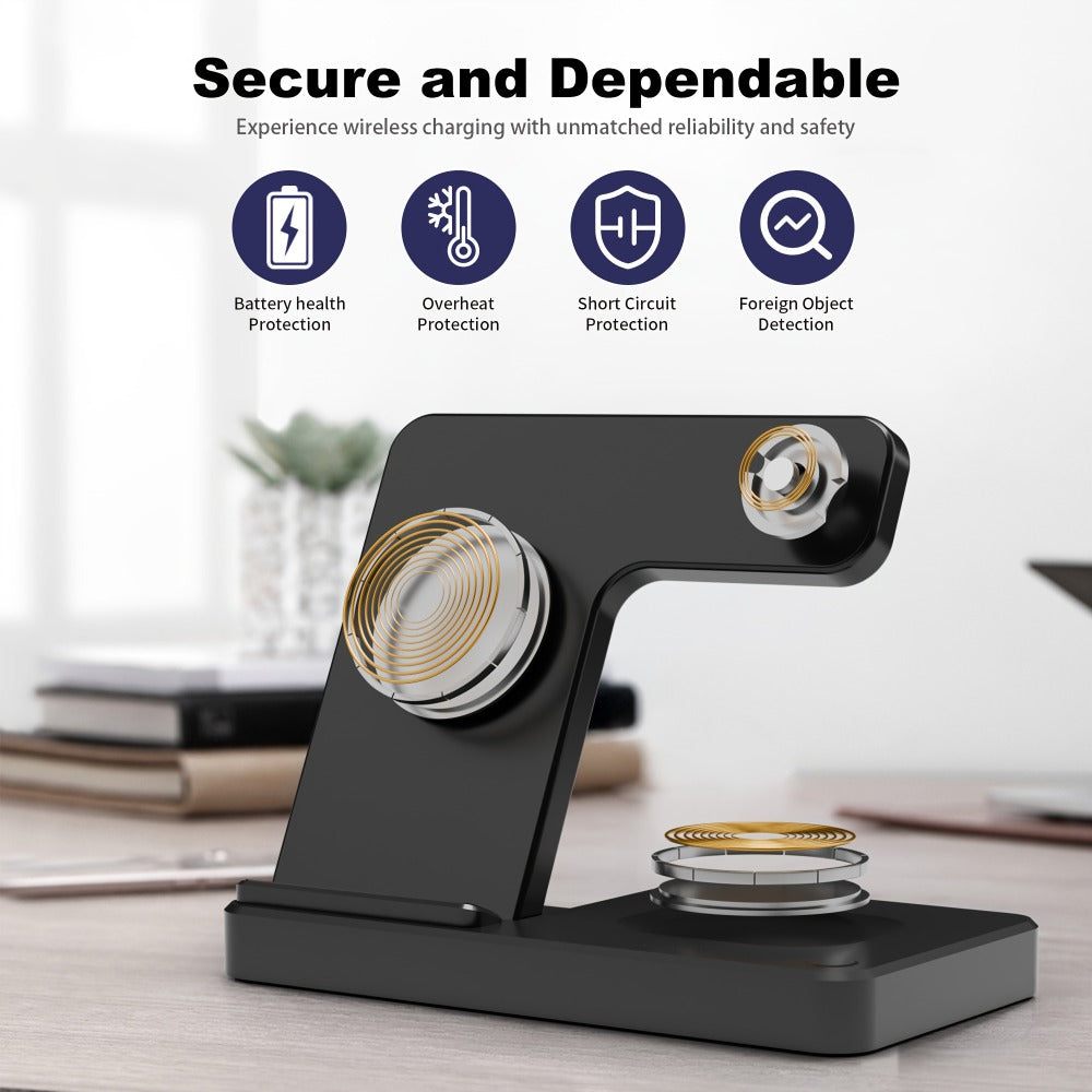 Wireless Charging Station, Foldable 3-in-1 15W Portrait-Landscape Stand with Four Black or White Adapter Options