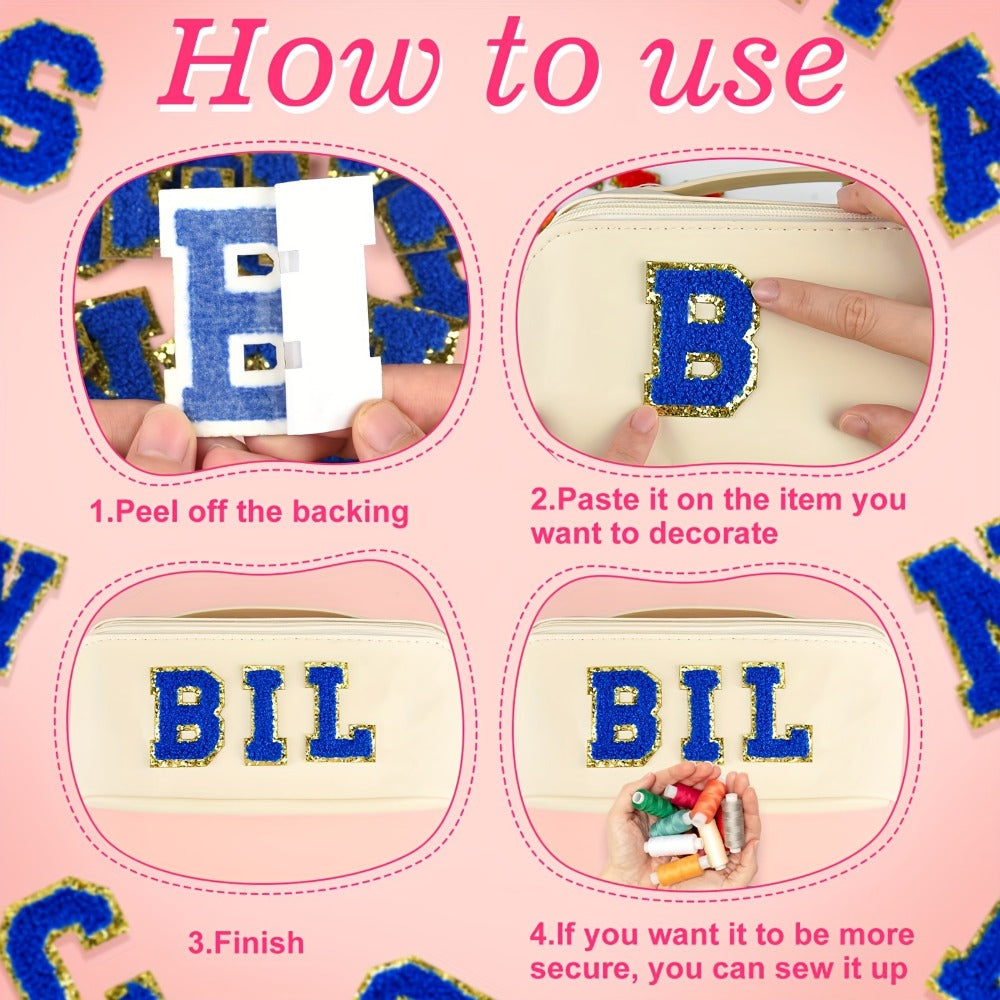 Chenille Alphabet Letter Patch Set, 26 Self-Adhesive A-Z Appliques in Five Exact Checkout Colors