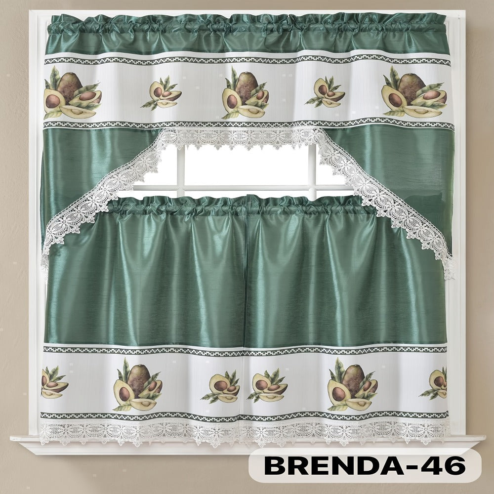 Three-Piece Patterned Kitchen Curtain Set with One Valance, Two Tiers and Forty-Six Exact Design Options