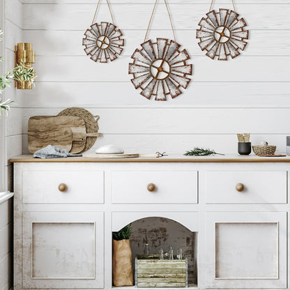 Wood Windmill Wall Decor, Three-Piece Set with Distressed White-and-Brown Finish in Graduated Sizes