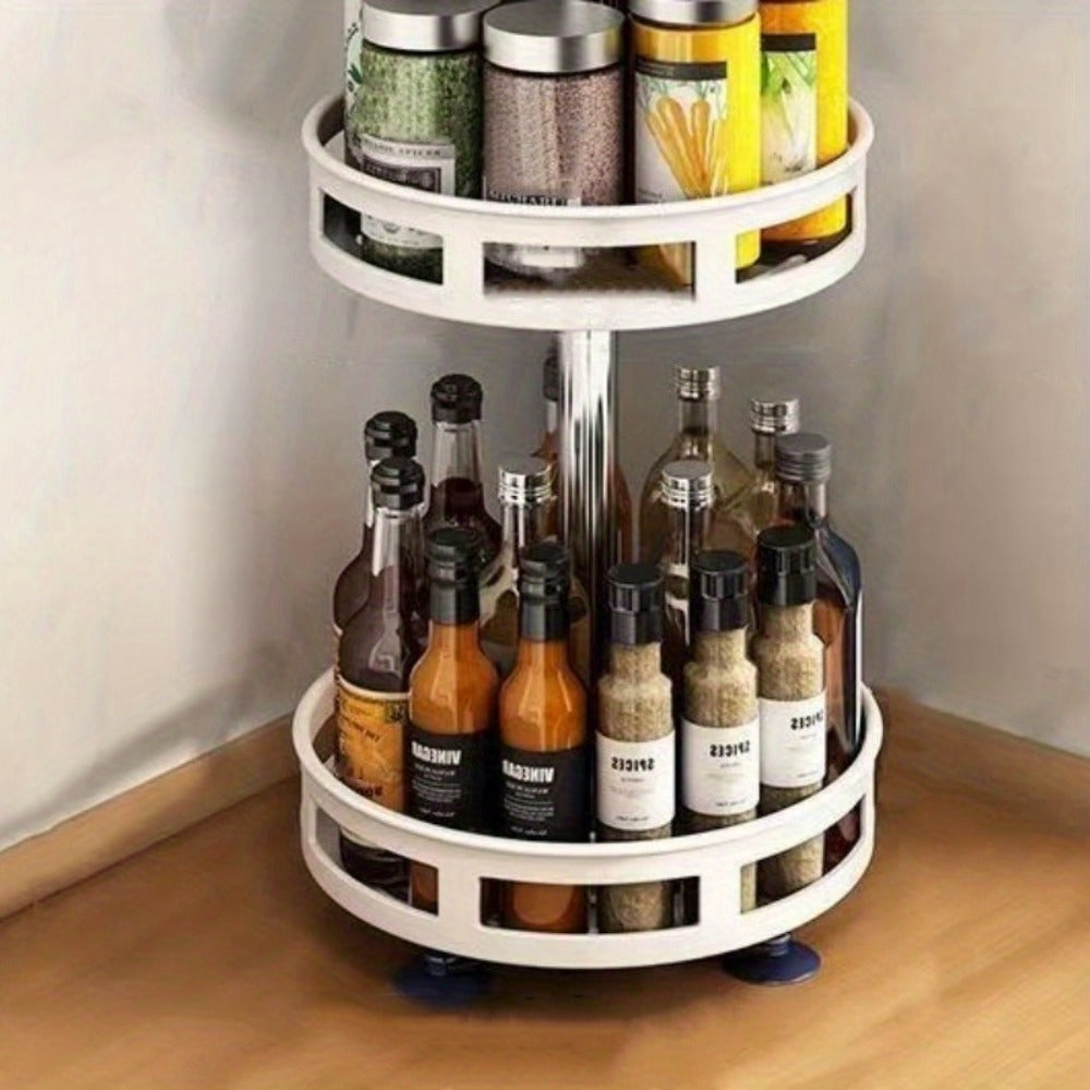 Three-Tier Rotating Spice Rack in Black or White with Circular Shelves and Tall Bottle Storage