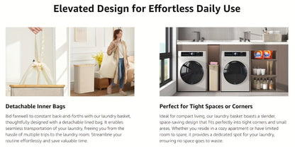 Slim Laundry Hamper with Lid & Removable Bag – Foldable Narrow Clothes Basket with Bamboo Handles for Bathroom, Bedroom & Dorm – 50L / 65L / 75L Space-Saving Collapsible Laundry Bin