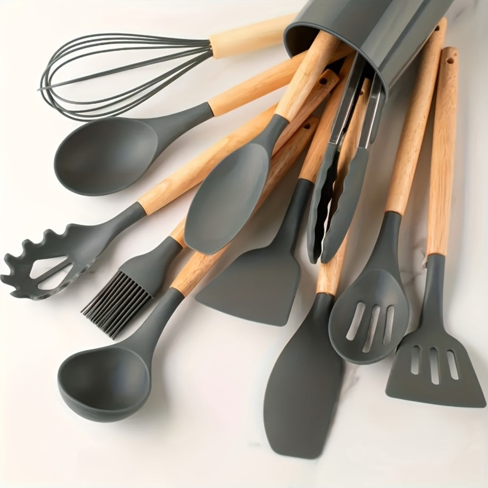 13-Piece Silicone Kitchen Utensil Set with Wooden Handles, Storage Holder and Khaki or Dark Gray Colors