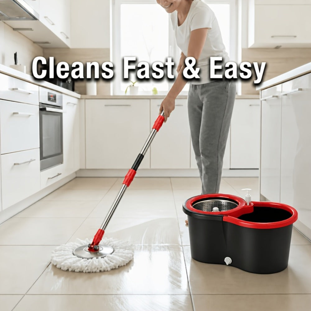 Spin Mop and Dual-Compartment Wringer Bucket Set with Telescoping Handle and Four Mop Heads