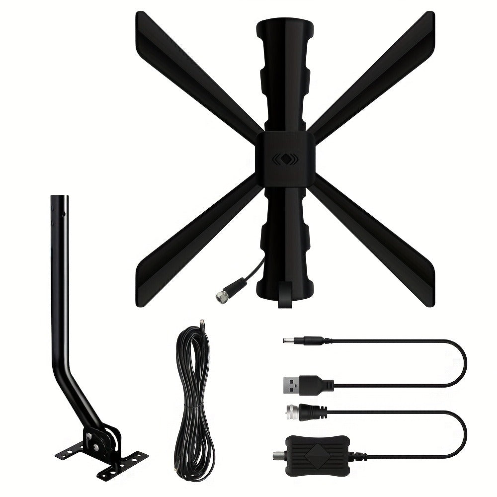 TV Antenna with Multi-Arm Receiver, J-Mount Bracket, USB-Powered Amplifier and Indoor or Attic Setup