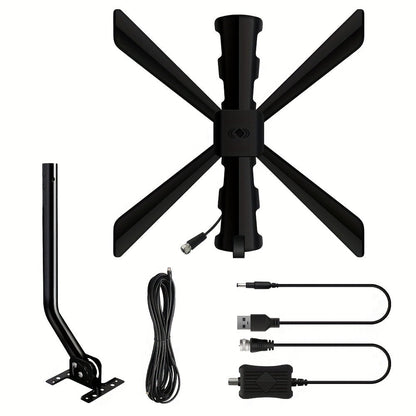 TV Antenna with Multi-Arm Receiver, J-Mount Bracket, USB-Powered Amplifier and Indoor or Attic Setup