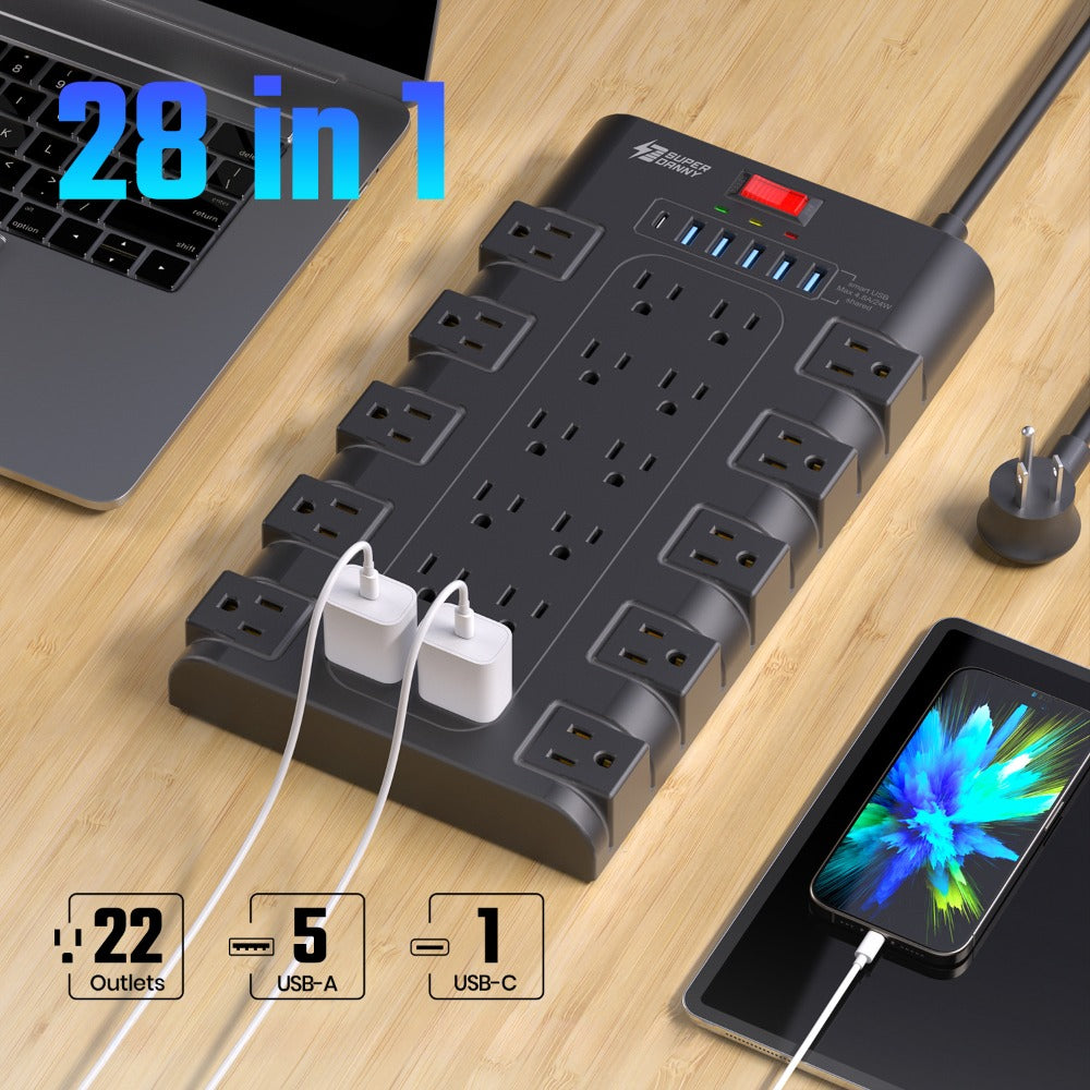 Power Strip 28-in-1 Surge Protector with 22 Widely Spaced AC Outlets, 5 USB-A, 2 USB-C and 2100J Rating