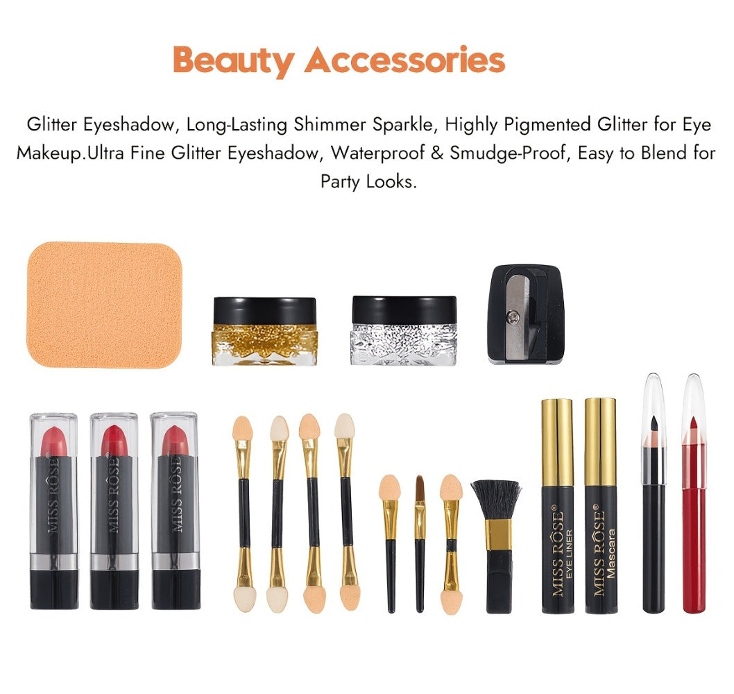 Makeup Kit 58-Color Black Mirror Case with Sliding Trays for Face, Eye and Lip Cosmetics plus Application Tools