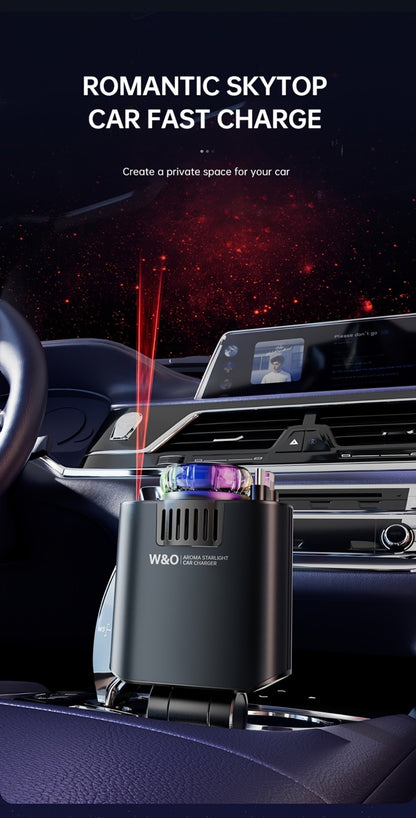 3-in-1 Car Charger, Air Freshener & Starry Sky Ceiling Light – Retractable Type-C & Lightning Cable, Aromatherapy Perfume, Purple Ambient Light, for iPhone & Android