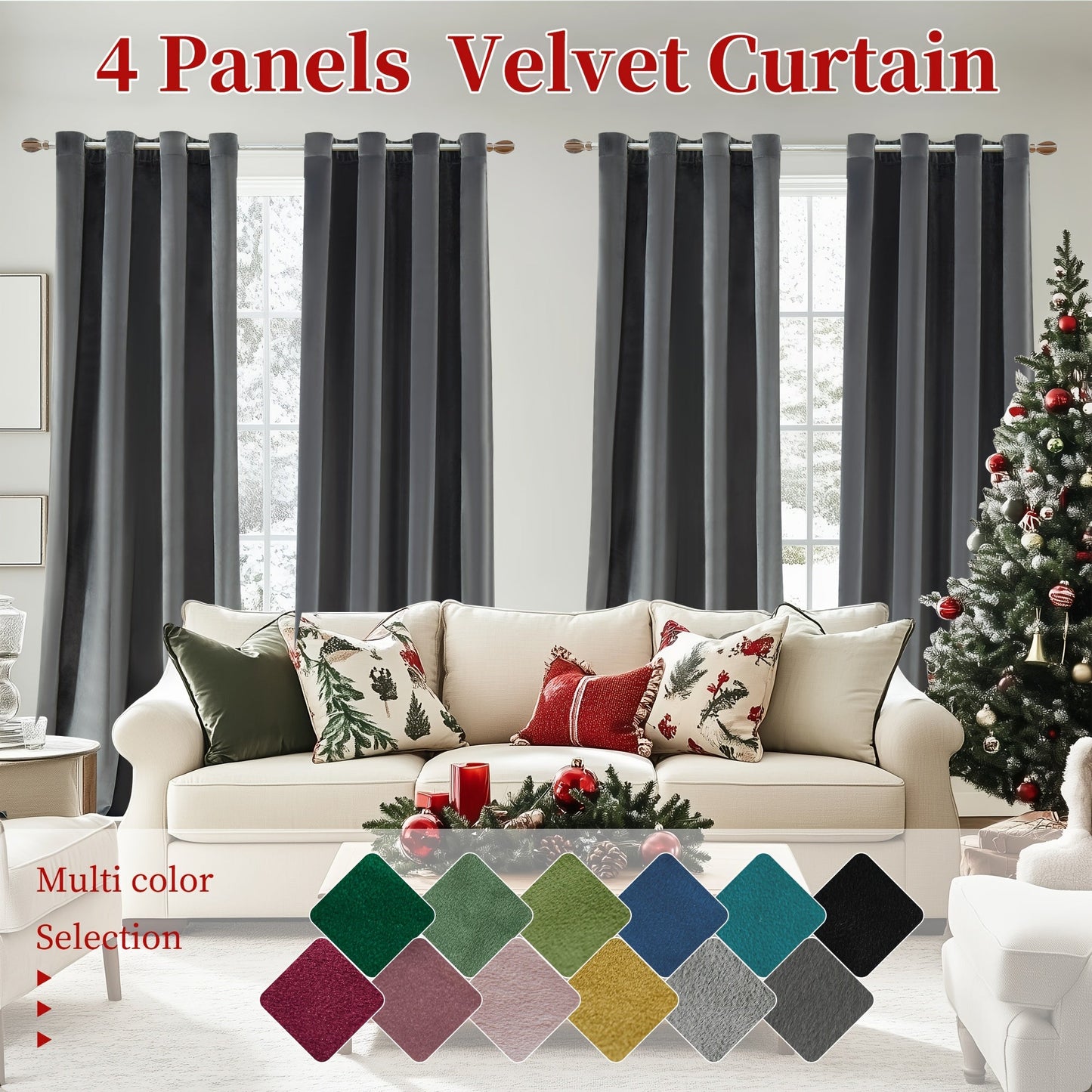 Four-Panel Velvet Blackout Curtain Set with 12 Colors, 10 Sizes and 1.6-Inch Grommet Openings