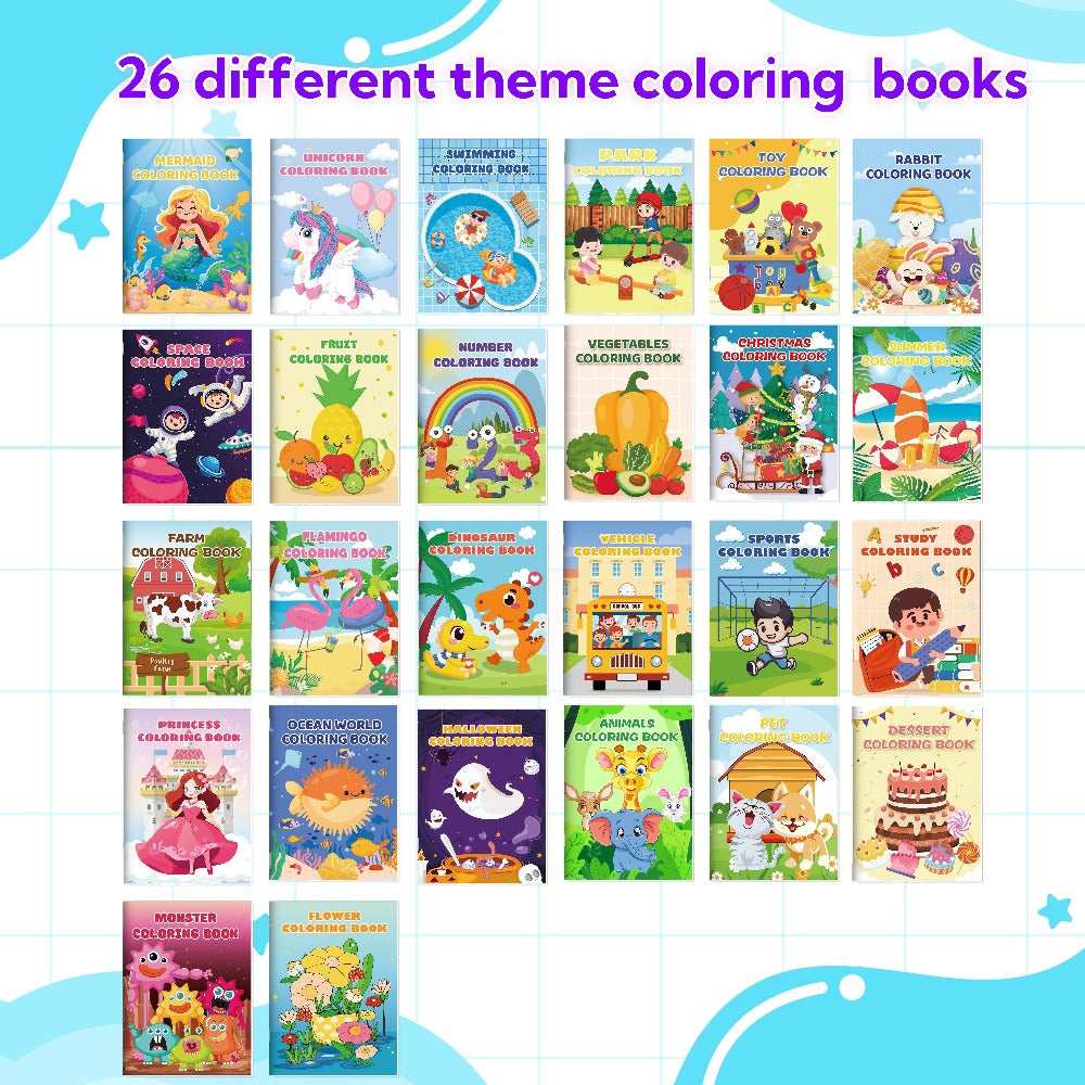 Twenty-Six Mini Coloring Books for Kids with Dinosaur, Mermaid, Animal, Food and Activity Themes