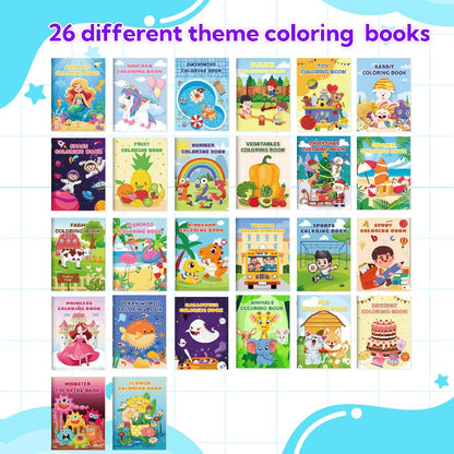 Twenty-Six Mini Coloring Books for Kids with Dinosaur, Mermaid, Animal, Food and Activity Themes