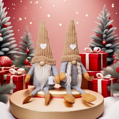 Sitting Gnome Figurine Set of Two with Long Heart-Accent Hats in Black, Khaki or Red Style Options