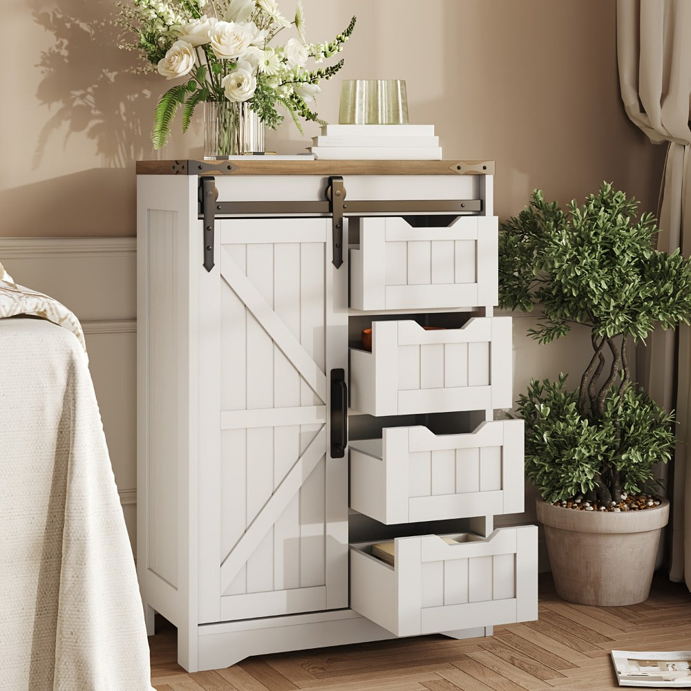 Storage Cabinet, Farmhouse Bathroom Floor White, 4 Drawers Sliding Door Adjustable shown in the main product view