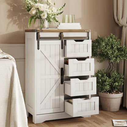Storage Cabinet, Farmhouse Bathroom Floor White, 4 Drawers Sliding Door Adjustable shown in the main product view