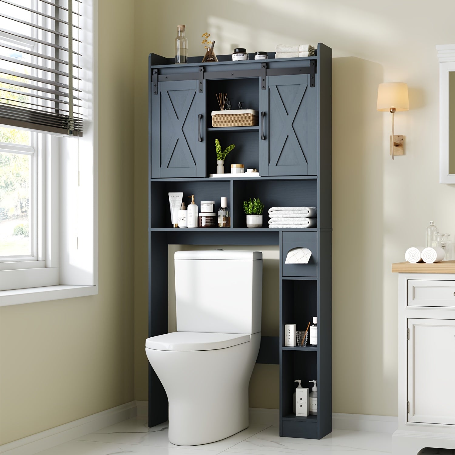Bathroom Storage Cabinet shown in the Blue, Sliding Doors option
