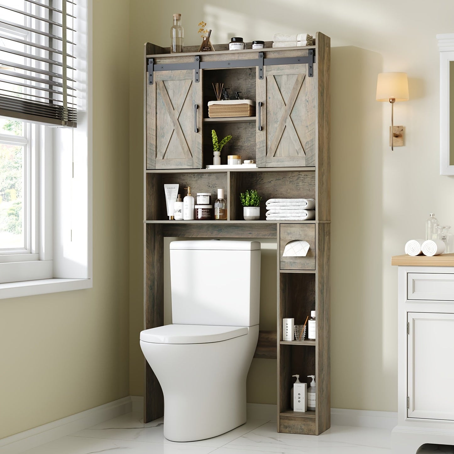 Bathroom Storage Cabinet shown in the Grey, Sliding Doors option