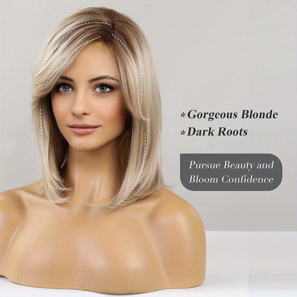Rose Net Cap Straight Wig Platinum Blonde Mixed White Golden 16 Inch – Adjustable Mechanism Head Cover Lightweight Synthetic Hair for Women Daily Wear Costume Cosplay Party